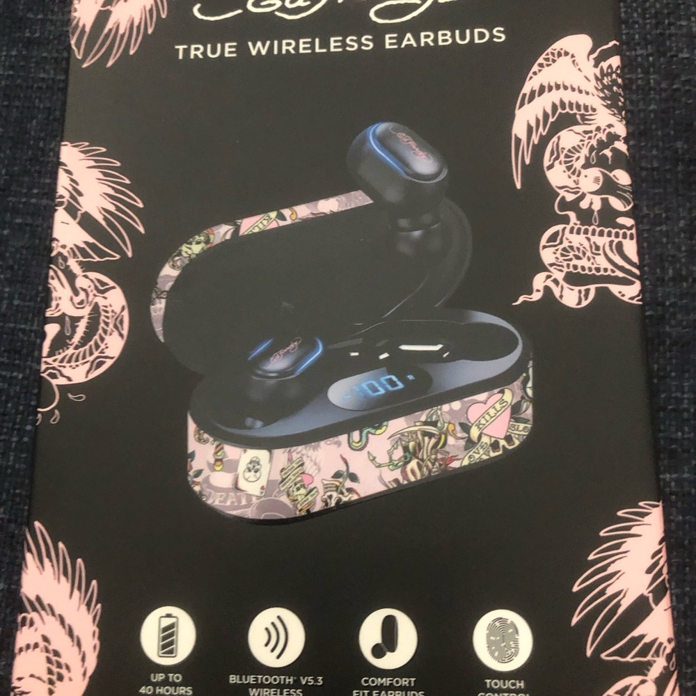 ‼️ED HARDY True Wireless Earbuds with Pink Pattern - Wireless Charging Case